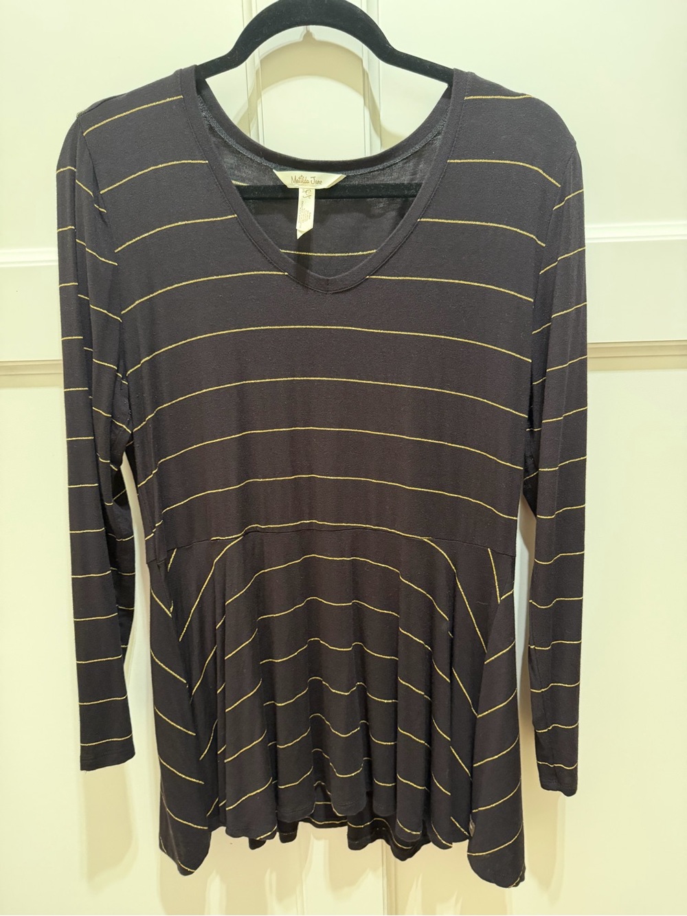 Matilda Jane Women’s Large Black Gold Stripe Peplum Top Long Sleeve Soft Knit